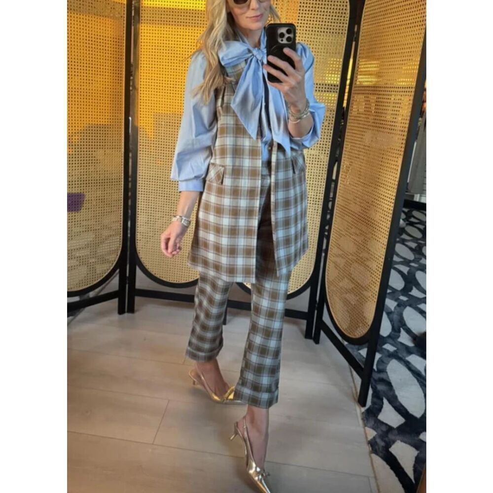 NWT  Buru Womens Sage Plaid Open Front Vest Size XS